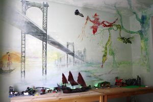 Muurschildering in kinderkamer (en plafond)